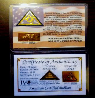 Acb Pure 24k Gold Bullion Minted 5grain Pyramid Bar 99.  99 Fine With Certificate photo