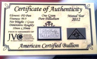 Acb Solid Palladium Pd Bullion 1gram Bar 9.  99 With Certificate Of Authenticity photo