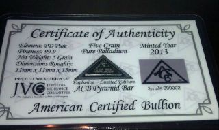 Acb Palladium Pd Bullion 5grain Pyramid 9.  99 With Certificate Of Authenticity photo