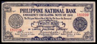 Philippines Wwii Cebu Emergency Circulating Banknote 1941 20 Pesos Ps - 218a photo