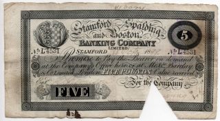 Stamford,  Spalding And Boston Banking Company (england) £5 Pounds 1899 photo