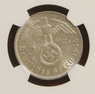 1936 - F Nazi Five Reichsmark Silver Coin Ngc Au - 58 Third Reich Large Swastika Nr photo