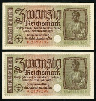 Germany Ww2 2 X 20 Reichsmark 1940 - 1945 Consecutive Series K Aunc photo