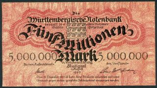 Württembergische Notenbank 5 Millionen Mark 1/8/1923 Ef German States P - S988 photo
