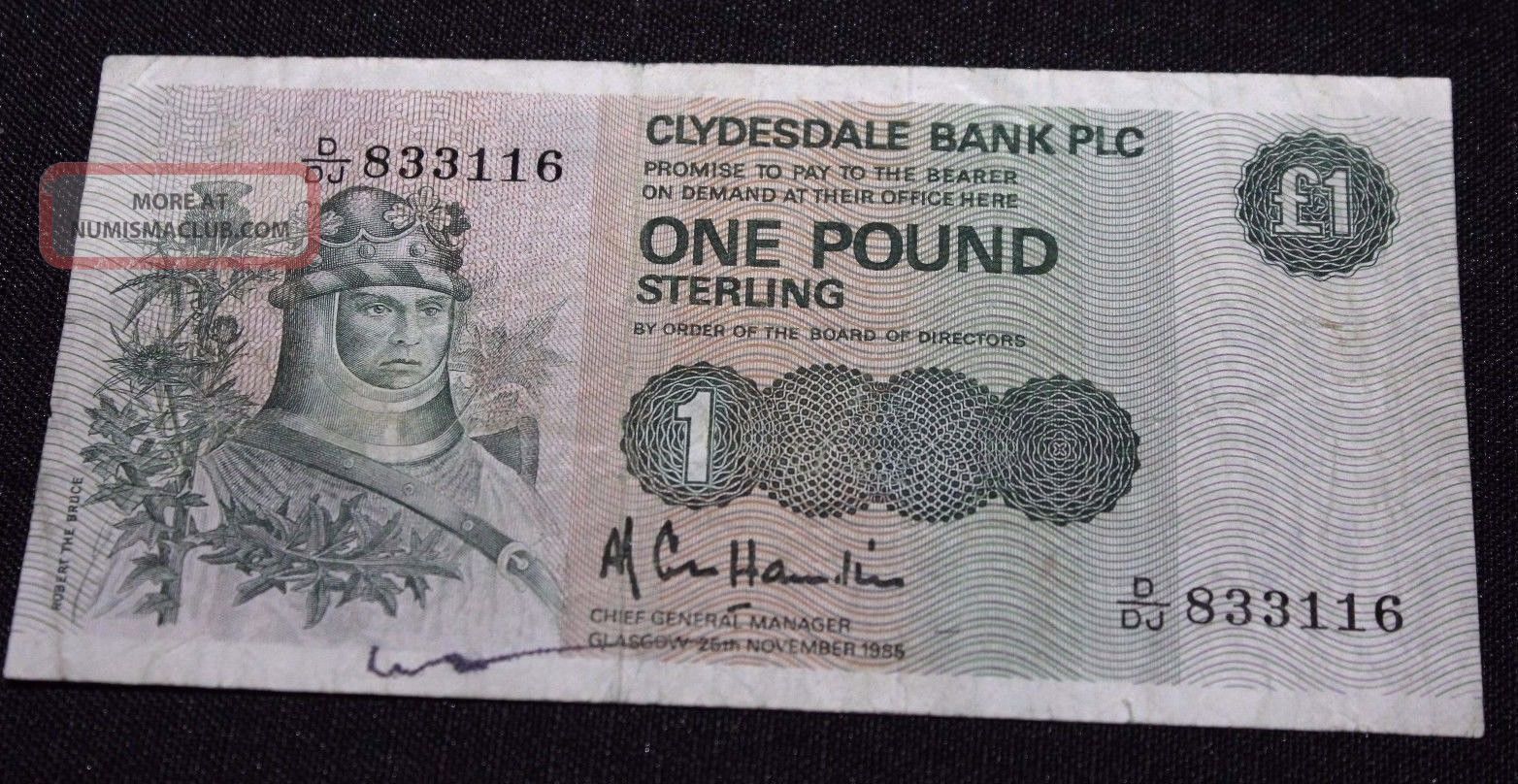 1985 Scotland Clydesdale Bank Limited One Pound Banknote Prefix D/dj 833116