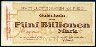 Ludwigshafen Am Rhein Stadt 5 Billionen Mark 10/10/1923 Unc Keller 3328.  G photo