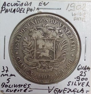 Venezuela Silver Coin Gram 25,  5 Bolivares 1902 Vf Scarce photo