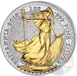 2016 Britannia 24 K Gold Gilded 1 Oz.  999 Silver Coin 2 Gbp Uk photo