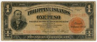 Philippines 1929 Issue 1 Peso Scarce Date Note.  Pick 73. photo
