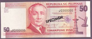 Philippines 50 Peso Specimen Banknote Sn Jc000000 Aquino/cuisia Uncirculated photo
