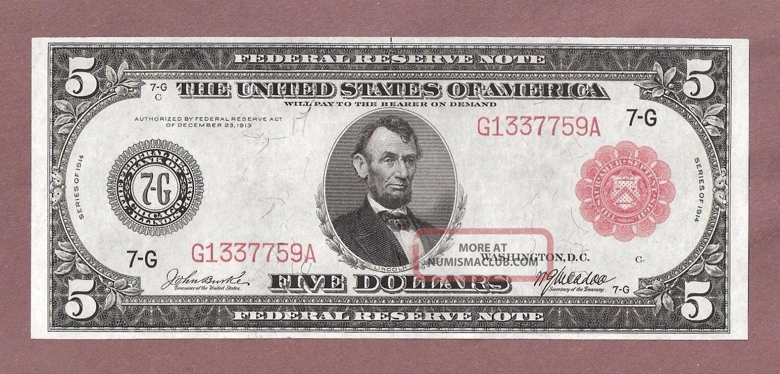 1914 $5 Fr 838b Federal Reserve Note - Red Seal - Columbus - Appears Uncir Large Size Notes photo