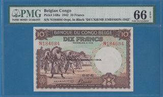 Belgian Congo 10 Francs,  1942,  Gem Unc - Pmg66epq,  P14ba photo