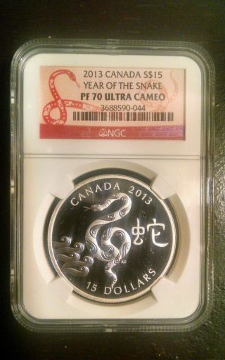 2013 Canada China Lunar Year Snake 1oz Silver S$15 Proof Ngc Pf70 Ultra Cameo photo