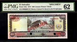 El Salvador 100 Colones 1974 Specimen Pmg 62 Epq Unc Pick 122s Printer:tdlr photo