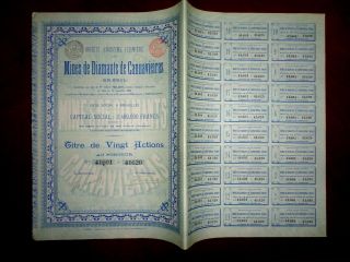 Mines De Diamants De Cannavieiras,  Share Certificate 1898 Diamond Mine Brazil photo