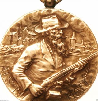 Older Man With The Rifle Splendid 1938 Antique Bronze Art Medal Pendant photo