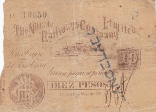 Chile 10 Pesos Banknote/exchange Note 1.  5.  1891 Chilean Civil War,  Iquique photo