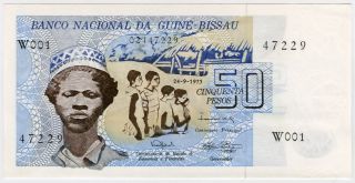 Guinea - Bissau 1975 Issue 50 Pesos Scarce,  Note Crisp Gem - Unc.  Pick 1a. photo