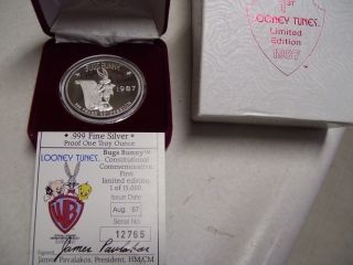 1987 Bugs Bunny Looney Tunes.  999 Silver Troy Oz Coin photo