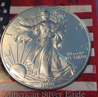 (hard Date) 1999 (bu) Silver Eagle 1 Oz.  999 Purest Silver (in Holder) photo