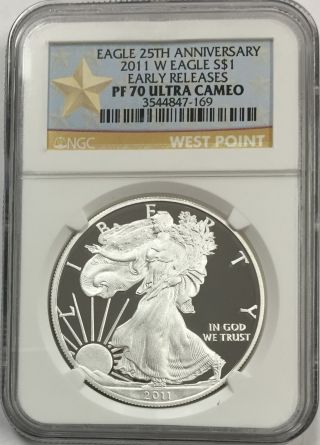 2011 - W Silver Eagle 25th Anniversary Early Releases S$1 Pf 70 Ultra Cameo Ngc photo