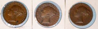 Great Britain (3) Copper Farthing 1838 Fine,  1841 Fine,  1843 Fine photo