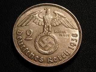 2 Reichsmark 1938 B.  German Silver Nazi Coin.  Hindenburg.  Swastika.  Km 93.  B997 photo