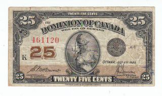 Rare 1923 Twenty Five Cent Canadia Bill 25 Cents Dollar 461120 Circulated photo