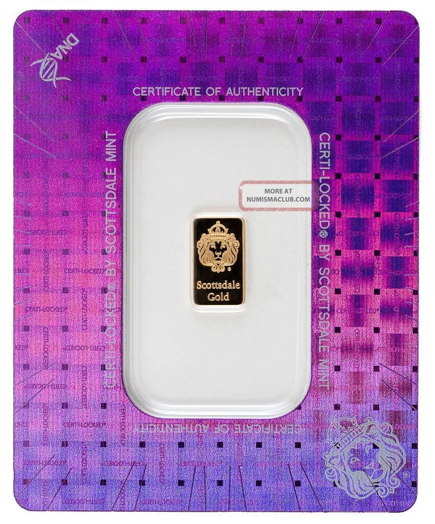 1 Gram Scottsdale.  9999 Gold Bar - In Certi - Lock A379 Gold photo