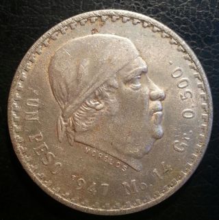 1947 Mexico Silver 1 Peso Coin.  Morelos Design. photo