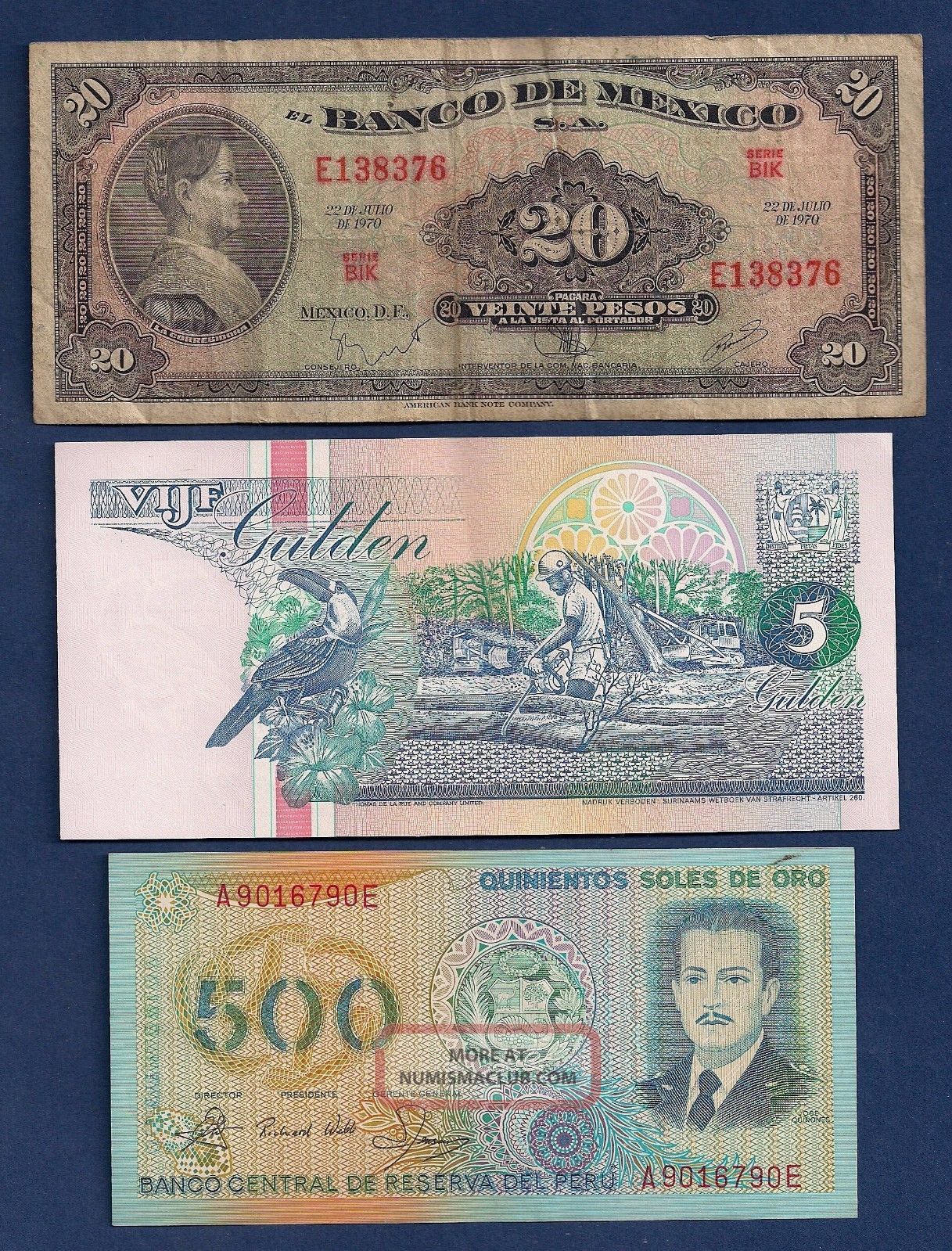 Mexico 20 Pesos 1970 P - 54p,  Suriname 5 Gulden,  Peru 500 Soles De Oro P - 125a Paper Money: World photo