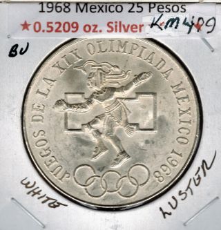 1968 Mexico 25 Peso Olympic Silver Bright White & Luster Gem Bu Km 479 photo