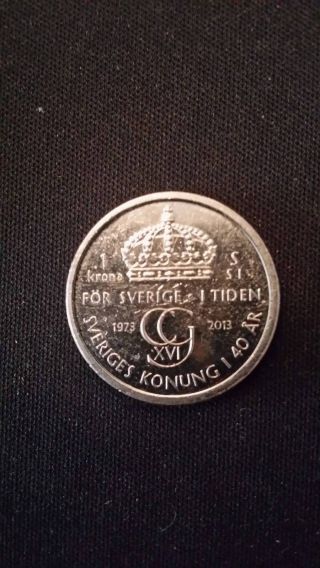 1 Krona Sweden Coin 2013 Km 927 40th Anniversary Of The Reign Of King Carl Xvi photo