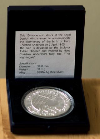 2007 Denmark 10 Kroner H.  C.  Anderson “the Nightingale” 1 Oz Silver Coin Box photo