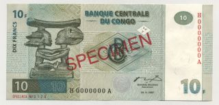Congo Dem.  Rep.  10 Francs 1 - 11 - 1997 Pick 87a Unc Uncirculated Banknote Specimen photo