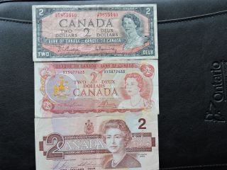 3 X $2 Bills Bank Of Canada,  Banque Du Canada,  3years 1954,  1974 1986,  Circulated photo