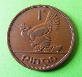 1950 Irish One Penny Coin - Hen And Chickens - Harp - Ireland - Lucky photo