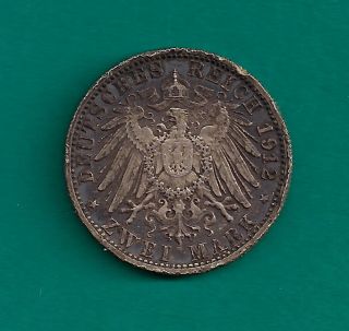 1912 Wurttemberg German States 2 Mark.  900 Silver Net.  3215 Oz.  Asw 28mm Coin photo