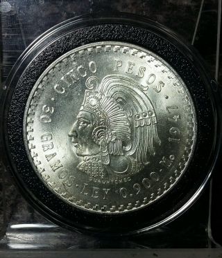 Frosty 1947 Mexican Cuauhtemoc Cinco Pesos.  900 Silver Coin W/ Airtite photo