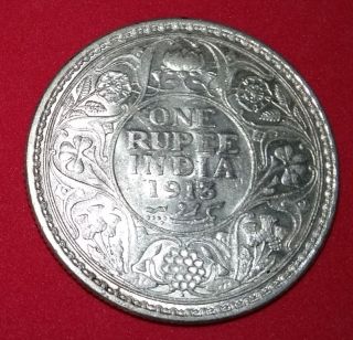 British India 1913 1 Rupees Silver Xf Coin. photo