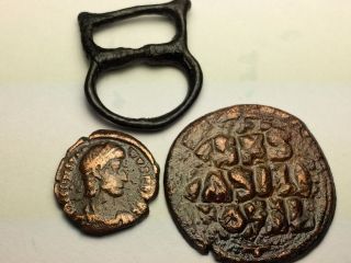 Ancient Imp.  Roman 2; Buckle & Spearing Ca 27 Bc - 476 Ad.  & Byzantine Basil 28 Mm. photo