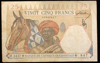 French West Africa 1942 25 Francs Note Banque L ' Afrique Occidentale Very Fine photo