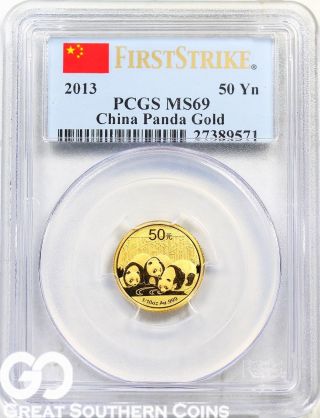 2013 Pcgs Chinese Gold Panda,  1/10 Oz.  999 Fine Gold,  50 Yuan,  Pcgs Ms 69 photo