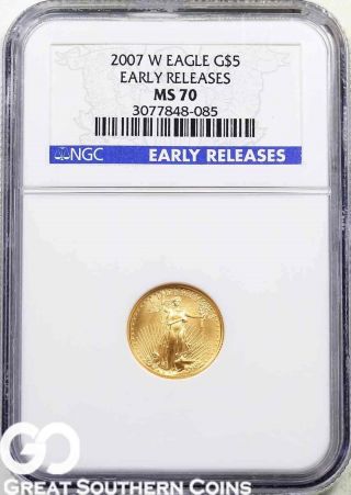 2007 - W Ngc $5 American Eagle,  1/10oz.  Fine Gold Ngc Ms 70 Early Releases photo