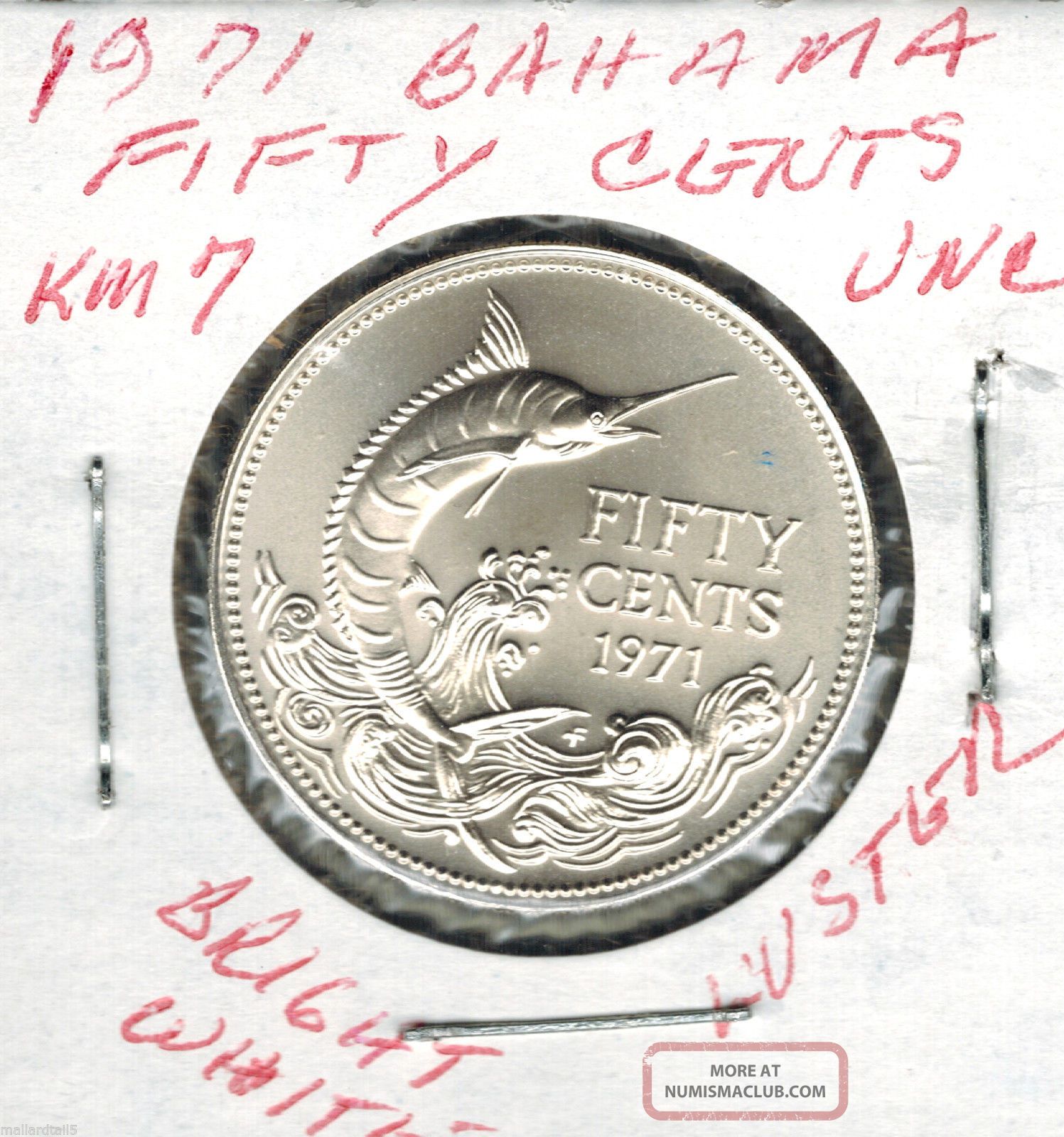 1971 Bahamas Fifty Cents Sailfish Silver Bright White And Luster Gem Bu Km 8 North & Central America photo