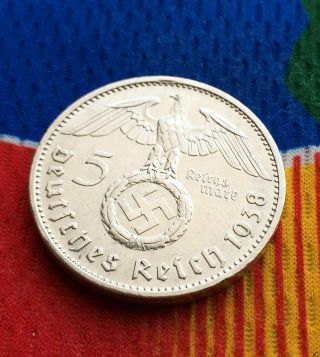 Ww 2 German 5 Mark Silver Coin 1938 E Third Reich Swastika Reichsmark photo