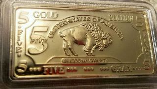 5 Gram Gold Buffalo Bar 100 Mills Clad.  999 24k Fine Bullion photo