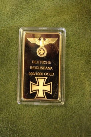 Deutsche Reichsbank German Iron Cross 24k.  999 Fine Gold Clad 1 Oz Bar photo