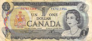 Canada $1 1973 Prefix Fk Circulated Banknote photo