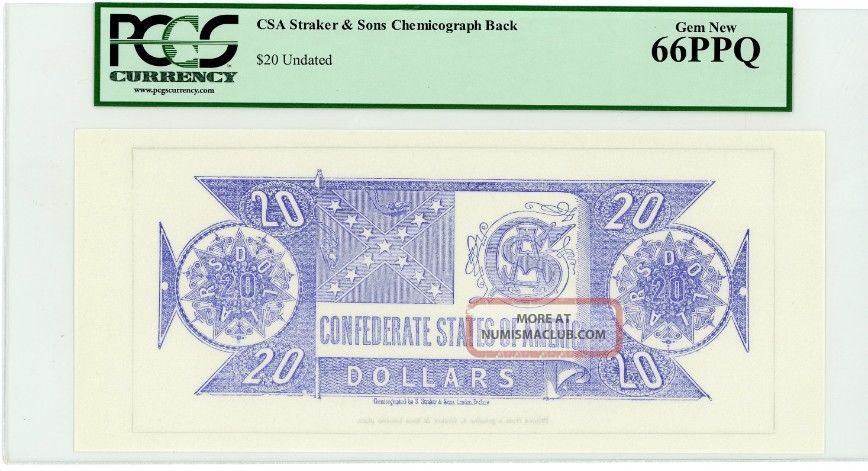 $20 Chemicograph Back Intended For $20 Confederate Note - Pcgs Gem 66 Ppq Paper Money: US photo